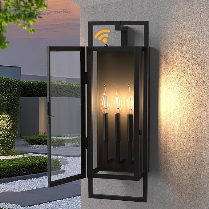 𝟐𝟔.𝟑𝟖𝐈𝐍 Porch Light Outdoor, Dusk to Dawn Wall Lantern with Tempered Glass, Waterproof Outside Light Front Porch Light 3-Light, Matte Black Front Open Window Wall Sconce for Patio