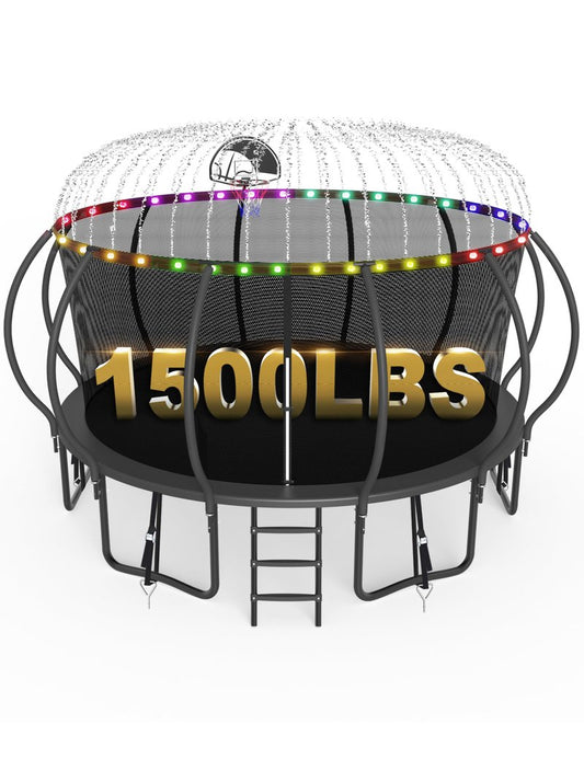 SKYUP 2026 Upgraded 8 10 12 14 15 16 FT 1500lbs Tranpoline for Kids and Adults with Light+Sprinkler+Socks, Recreational Tranpoline with Basketball Hoop, Ladder, ASTM Approved Tranpoline for 7-10 Kids