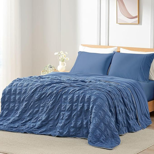 Cozy Bliss Cooling Comforter Seersucker Plaid King, Q-Max 0.4 Reversible Lightweight Cooling Blanket, Breathable Silk Smooth Summer Bedding Quilt for Hot Sleepers Night Sweats Denim Blue