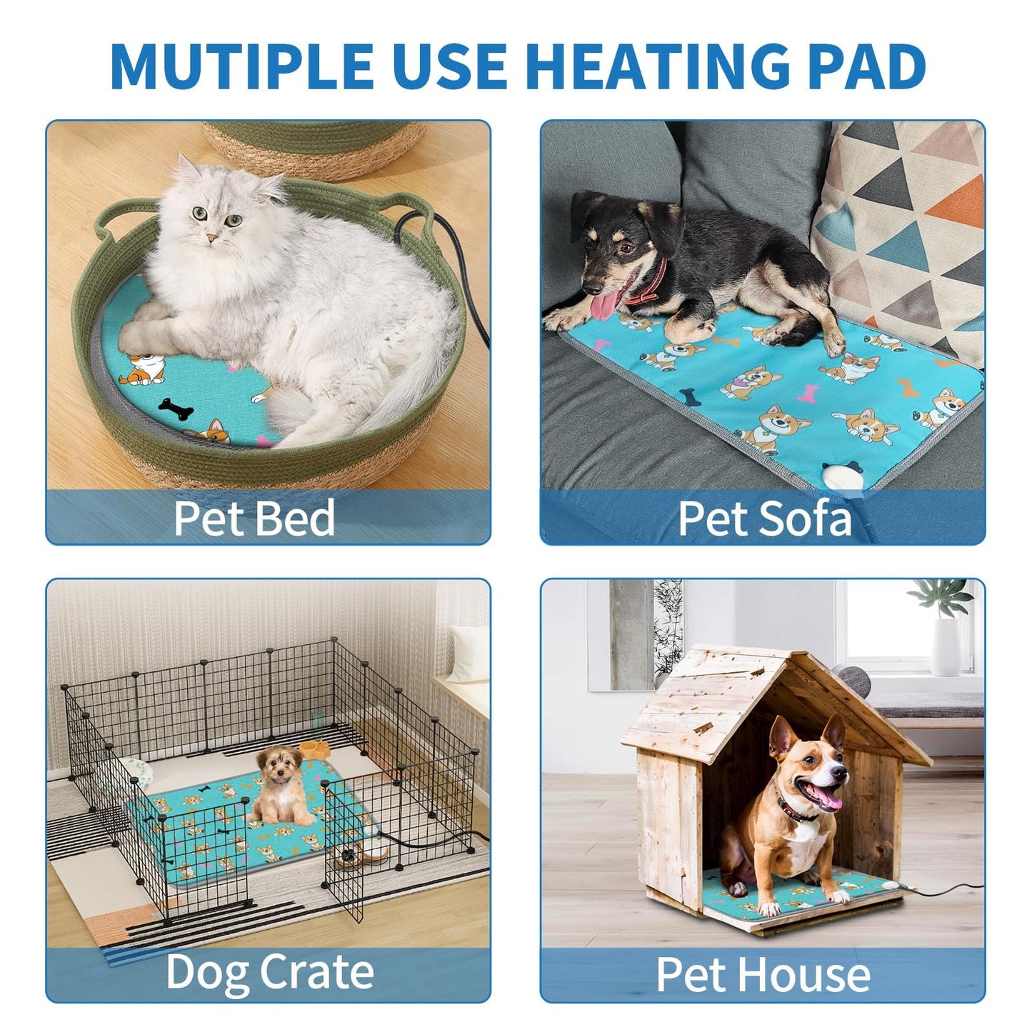 GOLOPET Cat Heating Pad 18x18 in Pet Heating Pad for Cats Waterproof Smart Thermostat Switch, Adjustable, Adding Wire Rope Wires Cat Warming Pad-Blue