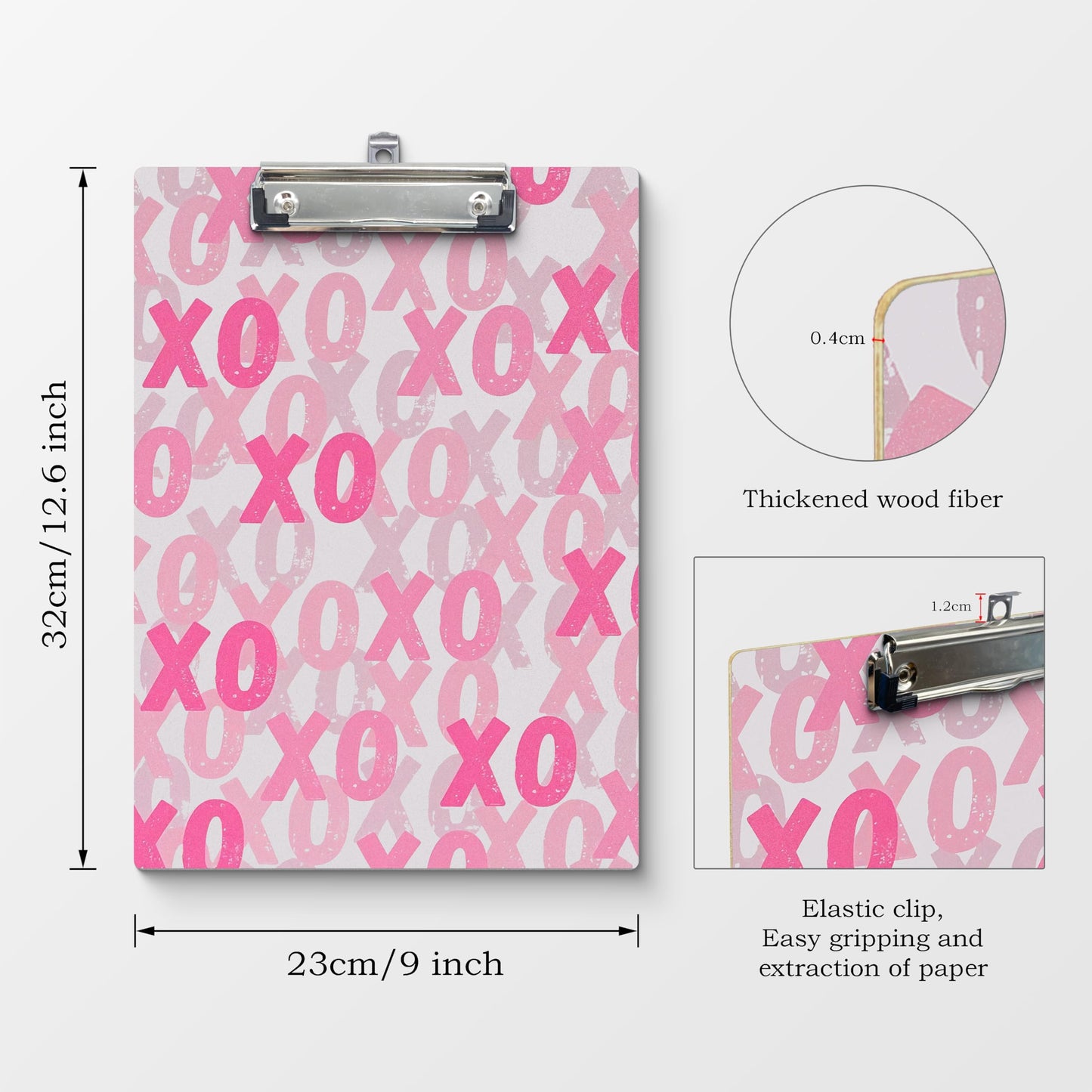 APJYM Trendy Preppy Pink XOXO Wooden Clip Board for Girls Student School Dorm Office, Standard A4 Letter Size 9x12.6 Inch