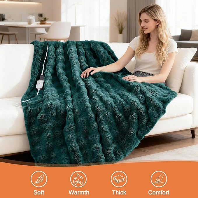 Heated Blanket Electric Throw Blanket 50''X 60''-Heating Blanket with 6 Heat Settings-4 Hours Auto Off,Cozy Faux Rabbit Fur Bubble Electric Blanket,Dark Green