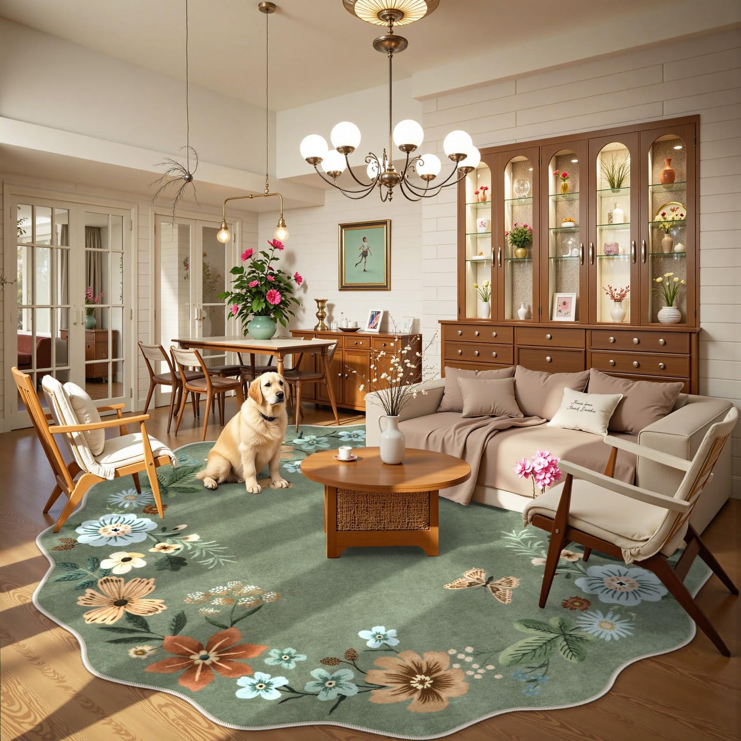 Lahome Floral Washable Round Area Rug, Soft Round Rugs 6ft Ultra-Thin Non-Slip, Boho Large Circle Carpet for Bedroom Living Room Kitchen Nursery, Green