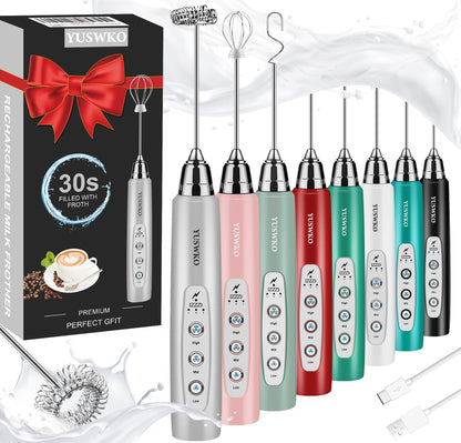 YUSWKO Black Handheld Milk Frother Wand for Coffee, Rechargeable Electric Whisk with 3 Heads 3 Speeds Drink Mixer Coffee Frother For Latte, Cappuccino, Hot Chocolate, Egg