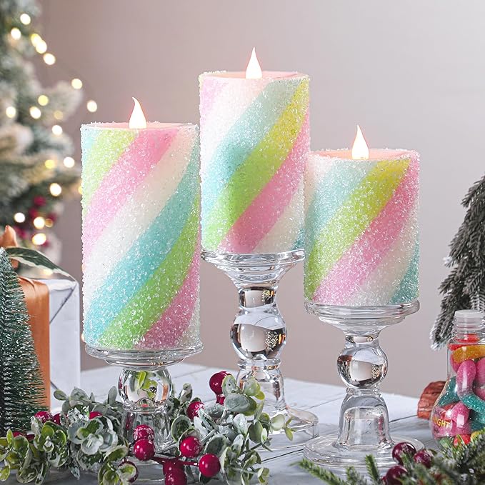 Baquler 3 Pcs Pastel Candy Flameless Candles Christmas Candy Stripe LED Pillar Candles Pastel Battery Operated Candlestick for Holiday Party Centerpiece Xmas Home Decoration