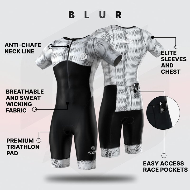 SLS3 Triathlon Suits Mens - Aerodynamic Sleeved Tri Suit Men – Lightweight Trisuit with Premium FX Fabrics - 2 Pockets (Blur, Medium)
