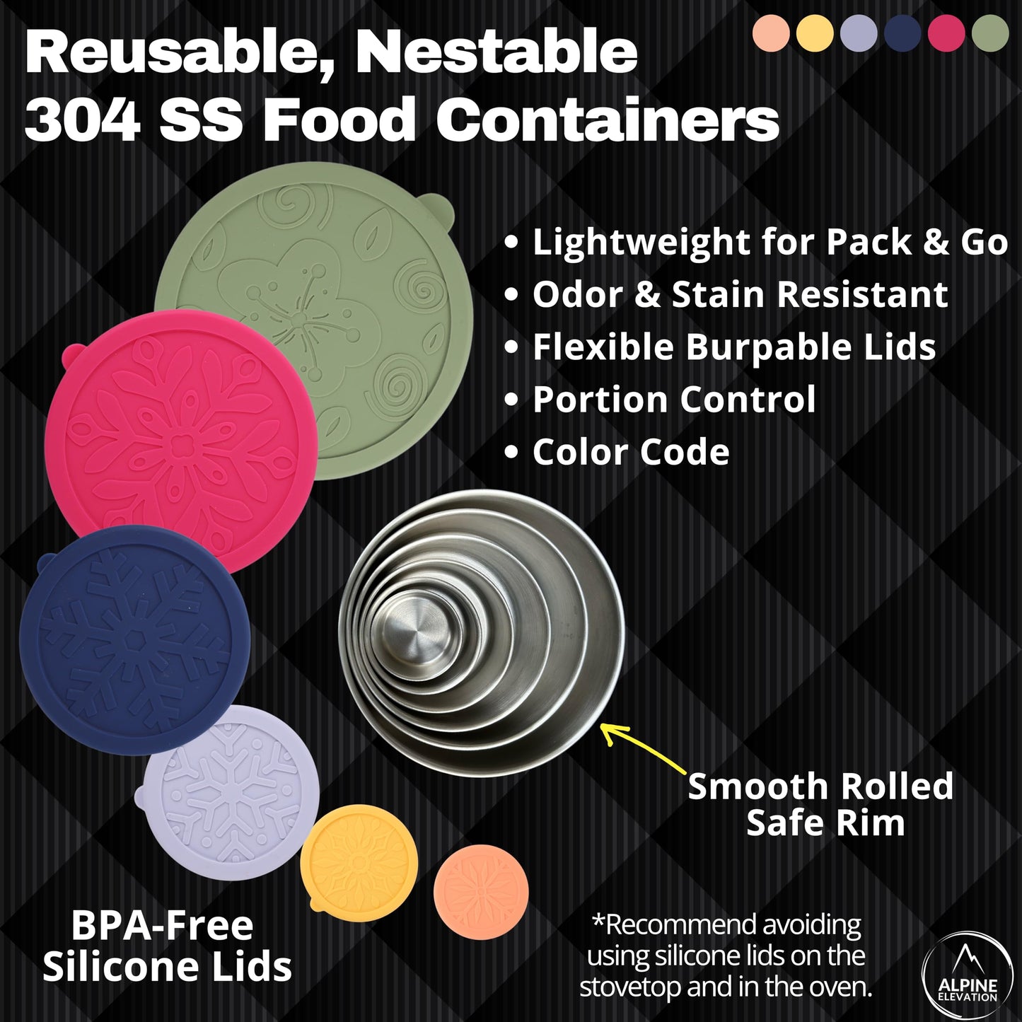 Alpine Elevation 12 Pcs - 6 Stainless Steel Containers + 6 Silicone Lids | 304 Stainless Steel Snack Container | Nesting Snack and Dip Containers | Metal Food Storage