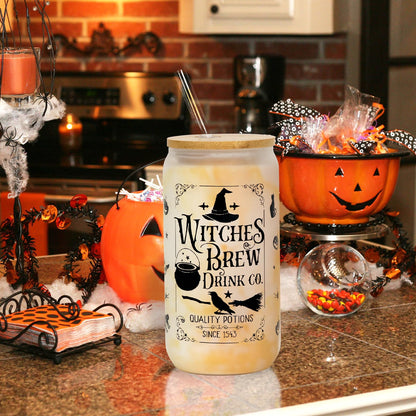 Joyseller Halloween Glass Cup, 18oz Frosted Witch Iced Coffee Can Cup Tumbler with Lid and Straw, Witch Tumbler Beer Can Glass, Halloween Gifts Decorations
