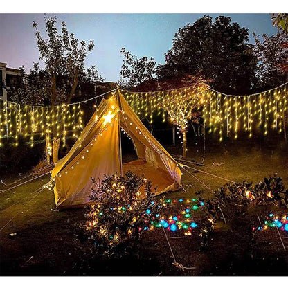 Janchs 304 LED Solar Christmas Icicle Lights Outdoor Decorations, 8 Modes Waterproof Icicle Fairy Lights for Outside Holiday, Patio, Balcony, Christmas, Window, House Eaves Decorations, Warm White