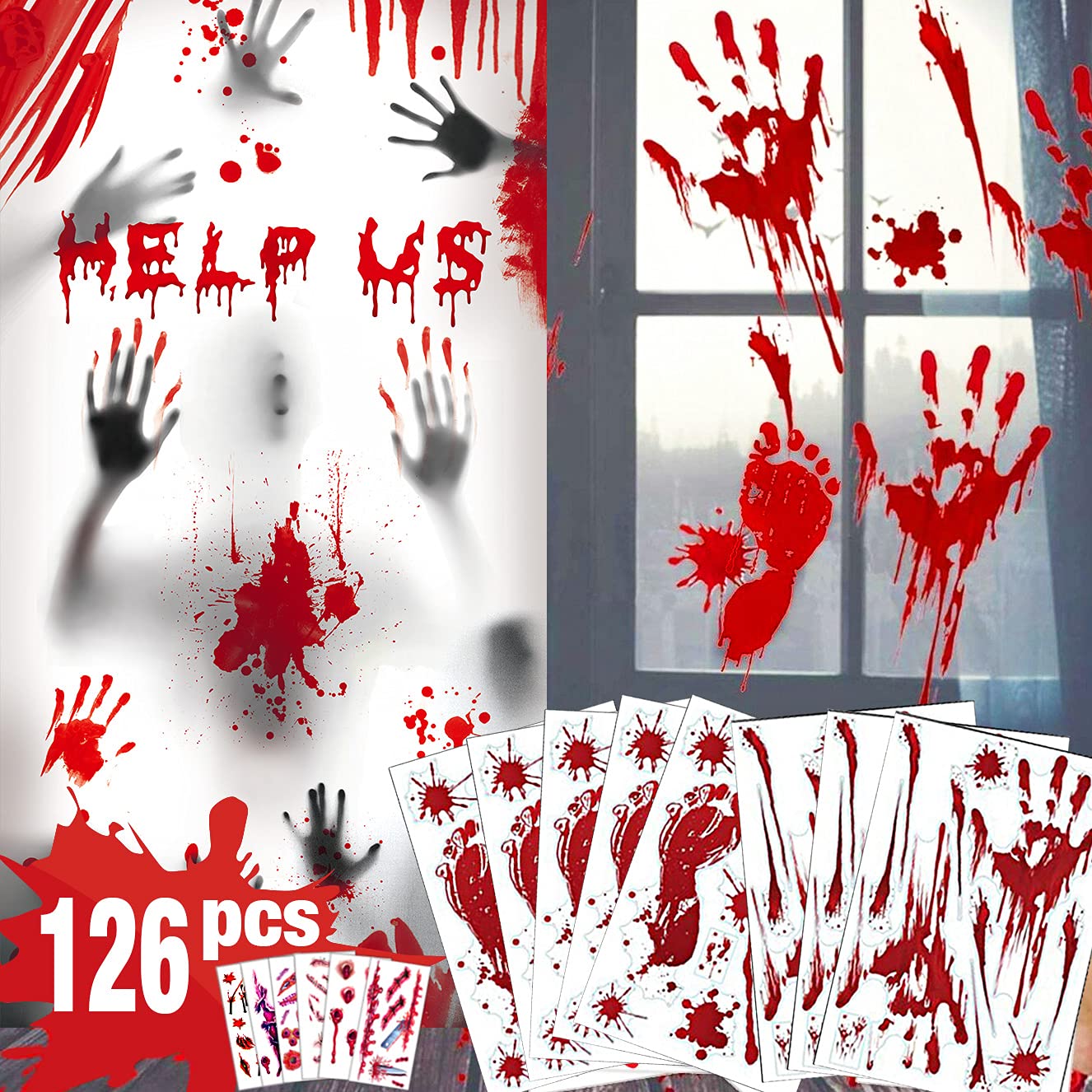 Halloween Decorations 126 PCS Halloween Window Clings, 8 Sheets Bloody Handprint Footprint Halloween Wall Decal Floor Clings with Tattoo Stickers, Scary Halloween Decoration Window Stickers