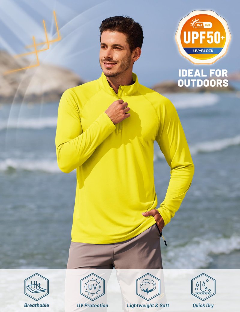 TACVASEN Swim Shirts for Men Rash Guard Sun Shirt Long Sleeve Dry Fit Mens Sun Protection Cooling Athletic UV T-Shirts Outdoor Yellow M