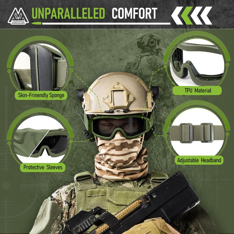 VOZAPOW Airsoft Goggles Anti Fog with ANSI Z87.1 Certified, Safety Goggles Impact Resistant, Tactical Shooting Glasses