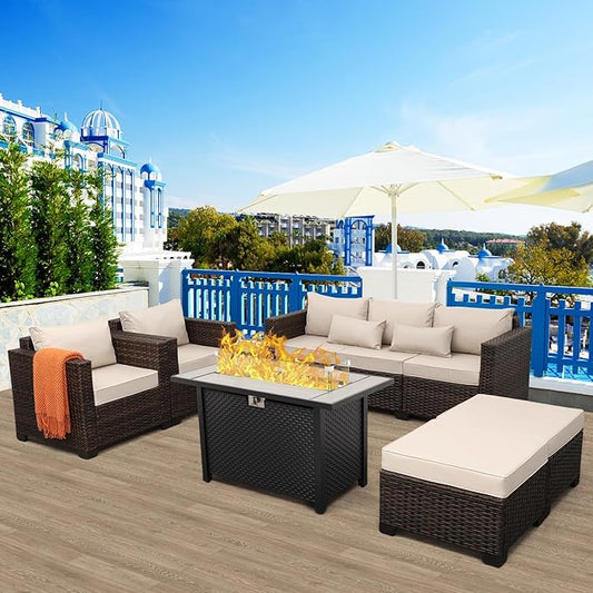 6 Pieces Outdoor Furniture 60000BTU Outdoor Propane Fire Pit Wicker Patio Furniture Set 45" Steel Fire Table Anti-Slip Cushions Waterproof Covers, Khaki