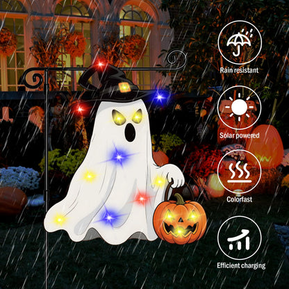 GOAUS Halloween LED Garden Flag Light Up Solar Powered, Ghost Decorations Outdoor, Double Sided Oxford Decorative Flag for Lawn Yard Outside Decor, 12x18 Inches
