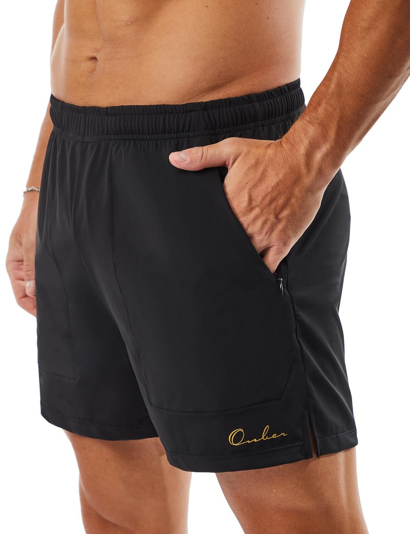 Ouber Men's Athletic Gym Shorts Workout Quick Dry Shorts for Men Running Training with Zipper Pockets, Black L