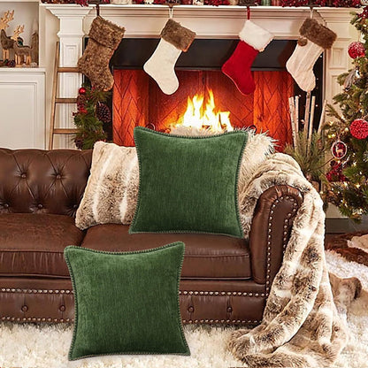 decorUhome Christmas Chenille Soft Throw Pillow Covers 18x18 Set of 2, Farmhouse Velvet Neutral Decorative Euro Fall Pillow Covers with Stitched Edge for Couch Sofa Bed Home Decor, Forest Elf