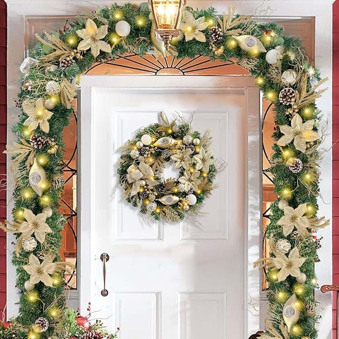 WANNA-CUL Pre-Lit 24 Inch Lighted Christmas Wreath for Front Door Champagne Gold Christmas Door Wreath Decor with Ball Ornaments, Poinsettia Flowers,Ribbon,Pine Cones,Battery Operated 30 LED Lights