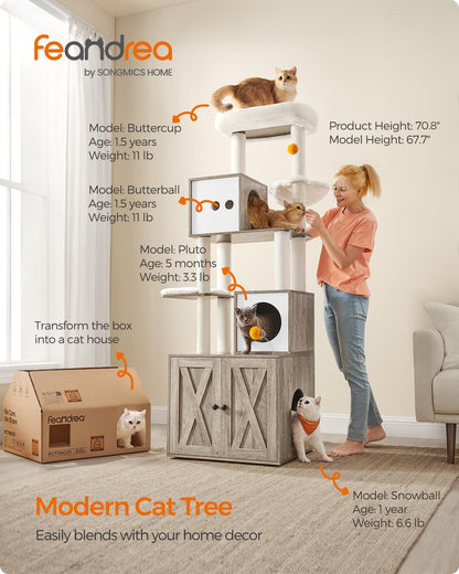 Feandrea Cat Tree with Litter Box Enclosure, 2-in-1 Modern Cat Tower, 70.8-Inch Tall Cat Condo with Scratching Posts, Perch, Caves, Basket, Washable Cushions, Heather Greige UPCT116G01
