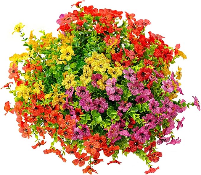 Outdoor Artificial Flowers, 12 Bundles Fake Flowers Summer Decoration, No Fade Faux Plastic Shrubs for Garden Patio Porch Window Box Decor (Mix 4 Color)
