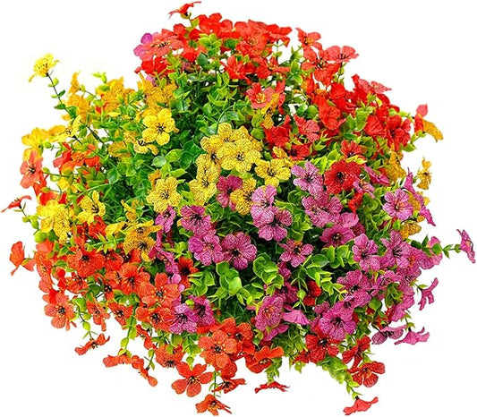Outdoor Artificial Flowers, 8 Bundles Fake Flowers Summer Decoration, No Fade Faux Plastic Shrubs for Garden Patio Porch Window Box Decor (Mix 4 Color)