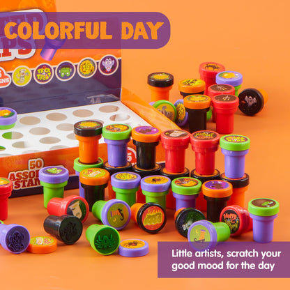 JOYIN 50 Pcs Halloween Stamps for Kids, 25 Designs Assorted Plastic Stamps Bulk, Trick Or Treat Stampers for Halloween Party Favor Gifts, Halloween Goodie Bag Fillers Classroom Game Prizes