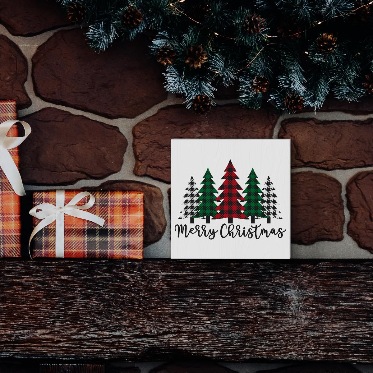 Funny Christmas Trees Wooden Box Sign Plaque Merry Christmas Wood Box Sign Rustic Art Home Shelf Desk Decor christmas tree decorations 5 x 5 x 1 Inches
