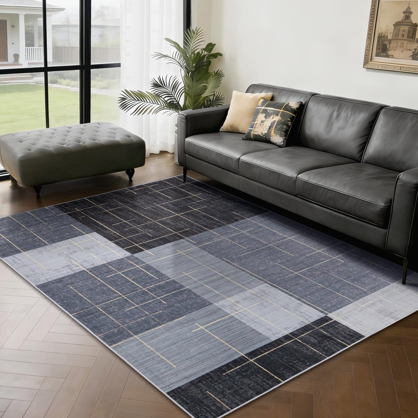 YIHOUSE 5x7 Geometric Checkered Abstract Modern Area Rugs for Living Room,Contemporary Washable Rugs with Gold Striped,Blue and Grey White Carpet for Bedroom Living Room