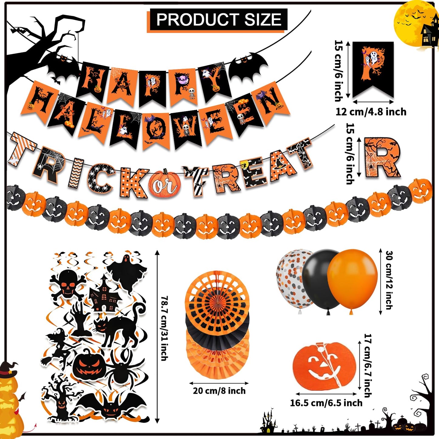 Happy Halloween Trick or Treat Banner Paper Fan Balloons & Swirl Streamers Goul Bat Cat Bird Ghost Pumpkin Lantern for Party Decorations