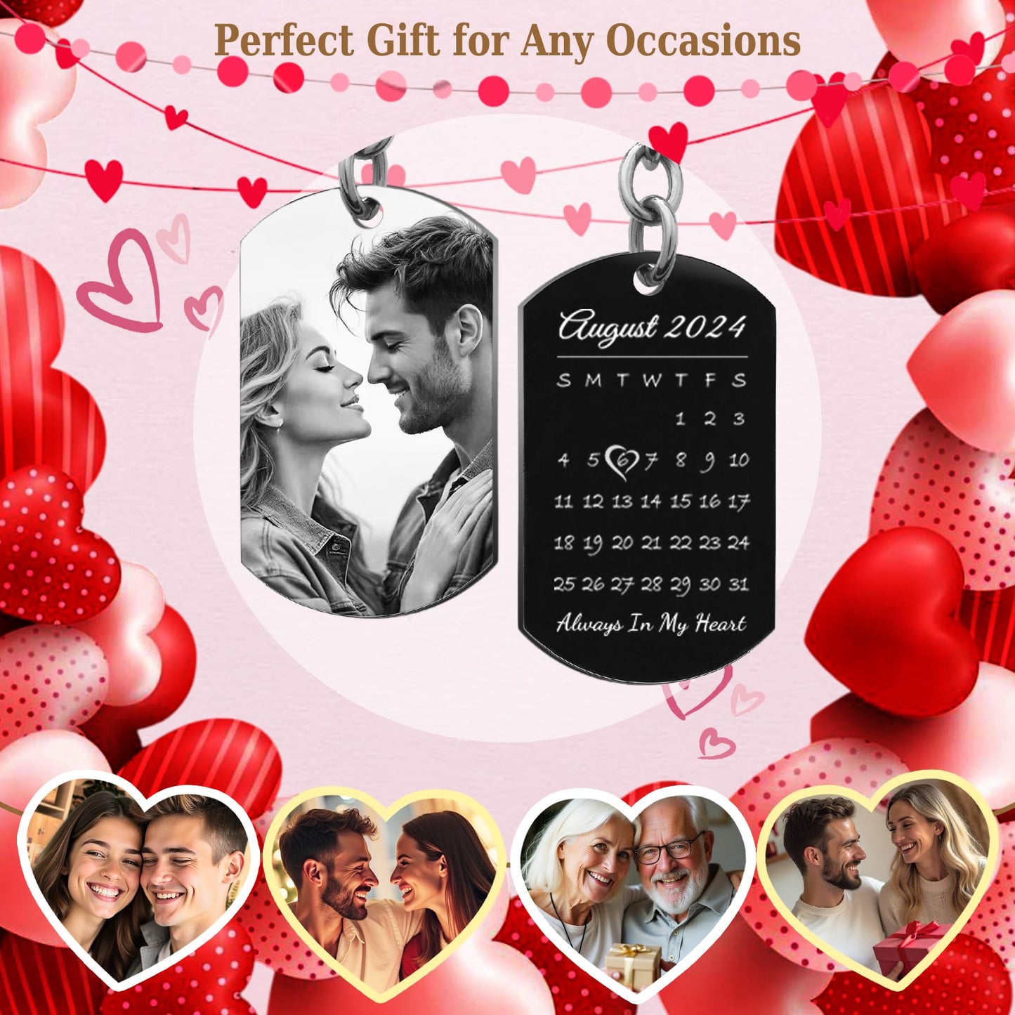 Queenberry Gifts for Valentines Day Anniversary Custom Photo Keychain for Husband Boyfriend Laser Engraved Personalized Calendar Date Text Picture