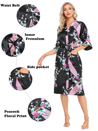 Lovasy Kimono Dressing Gowns Satin Kimono Robe Peacock and Blossoms Silk Dressing Gown for Women UK Long Silk Bride and Bridesmaid Robes,Black,XL