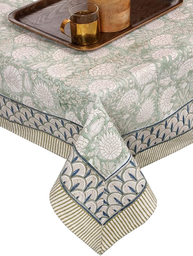ATOSII Jade 100% Cotton Boho Square Summer Tablecloth, Block Print Floral Table Cloth Linen for Dining, Parties, Weddings, Outdoors Table Decor I 60 X 60 Inches I 4 Seater I
