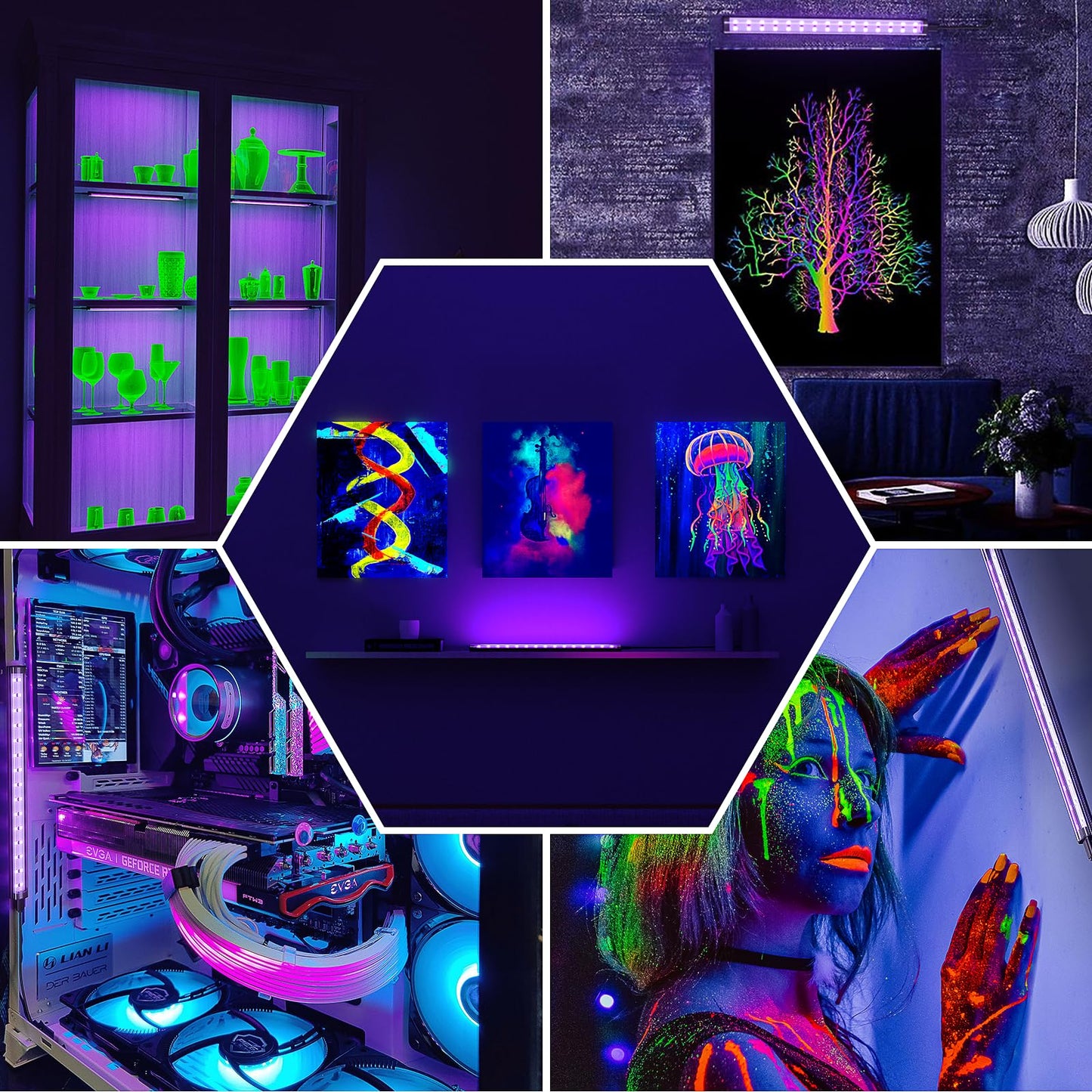 Onforu 2 Pack 10W LED Black Light Bar, 1ft, USB Blacklight Tube, Blacklight Bars with Switch, Black Light for Fluorescent Tapestry Poster, Cabinet, Glow Party, Halloween, Classroom, Body Paint