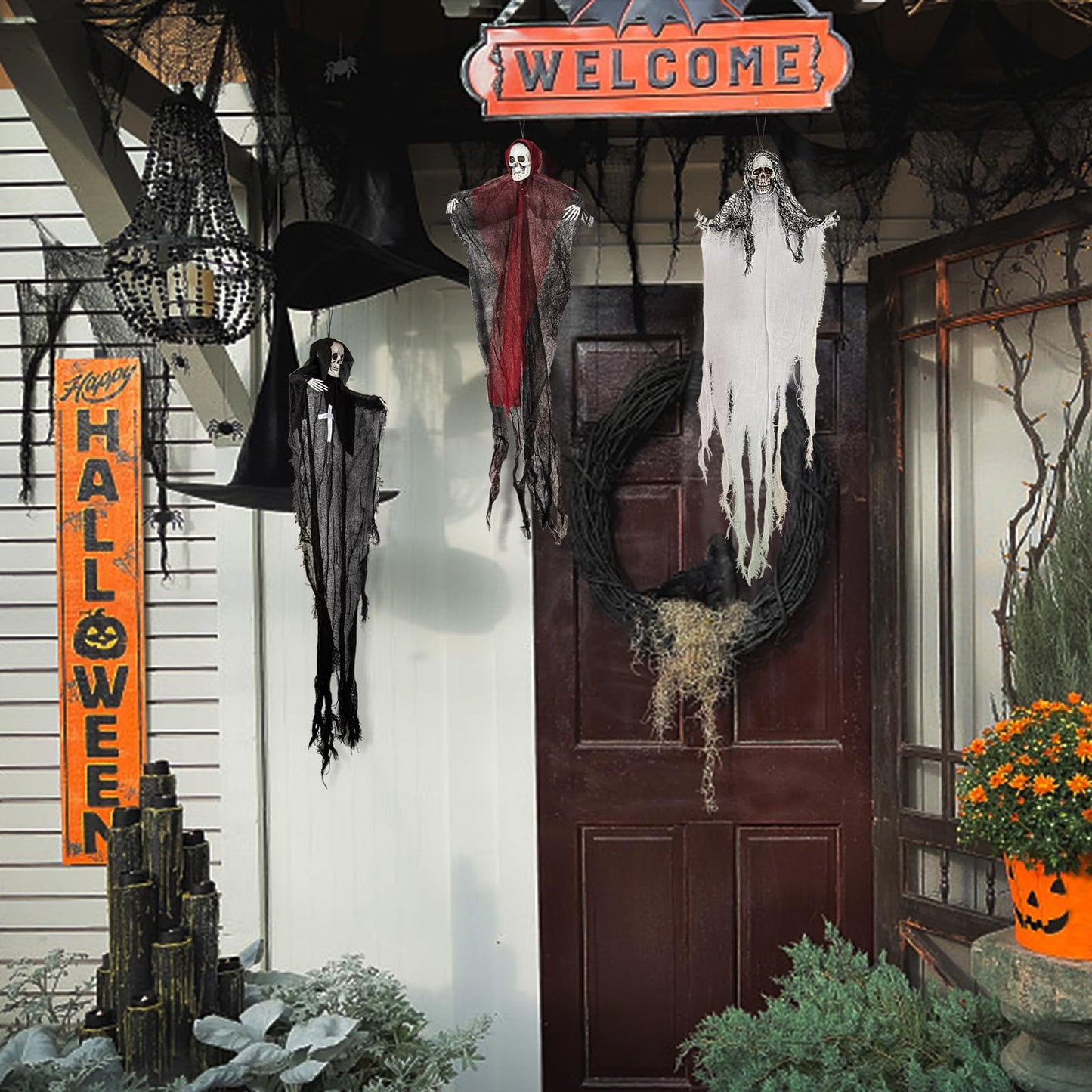 Halloween Hanging Skeleton Ghosts (3 Pack), One 36” and Two 32” Halloweens Grim Reapers, Flying Ghosts for Haunted House Prop Décor, Indoor/Outdoor Halloween Decorations