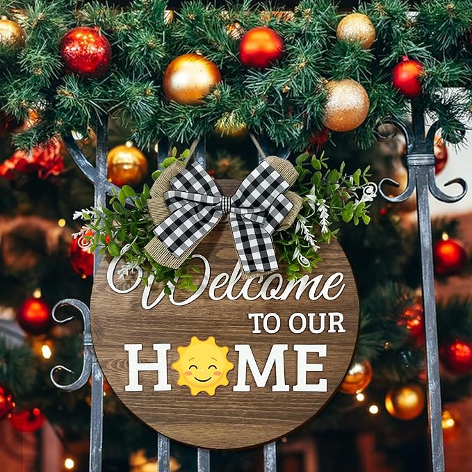 Interchangeable Seasonal Welcome Sign Front Door Decoration, Rustic Round Wood Wreaths Wall Hanging Outdoor Decor for Spring Summer Autumn and Winter All Seasons Holiday Halloween Christmas