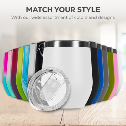 FineDine Triple Insulated Wine Tumbler With Lid (4 Pack) 12oz Stainless Steel Set- Tumblers Keep Drinks Hot & Cold for Outdoors, Beach, Picnics- Unbreakable Glasses With BPA Free Lids (White/Black)