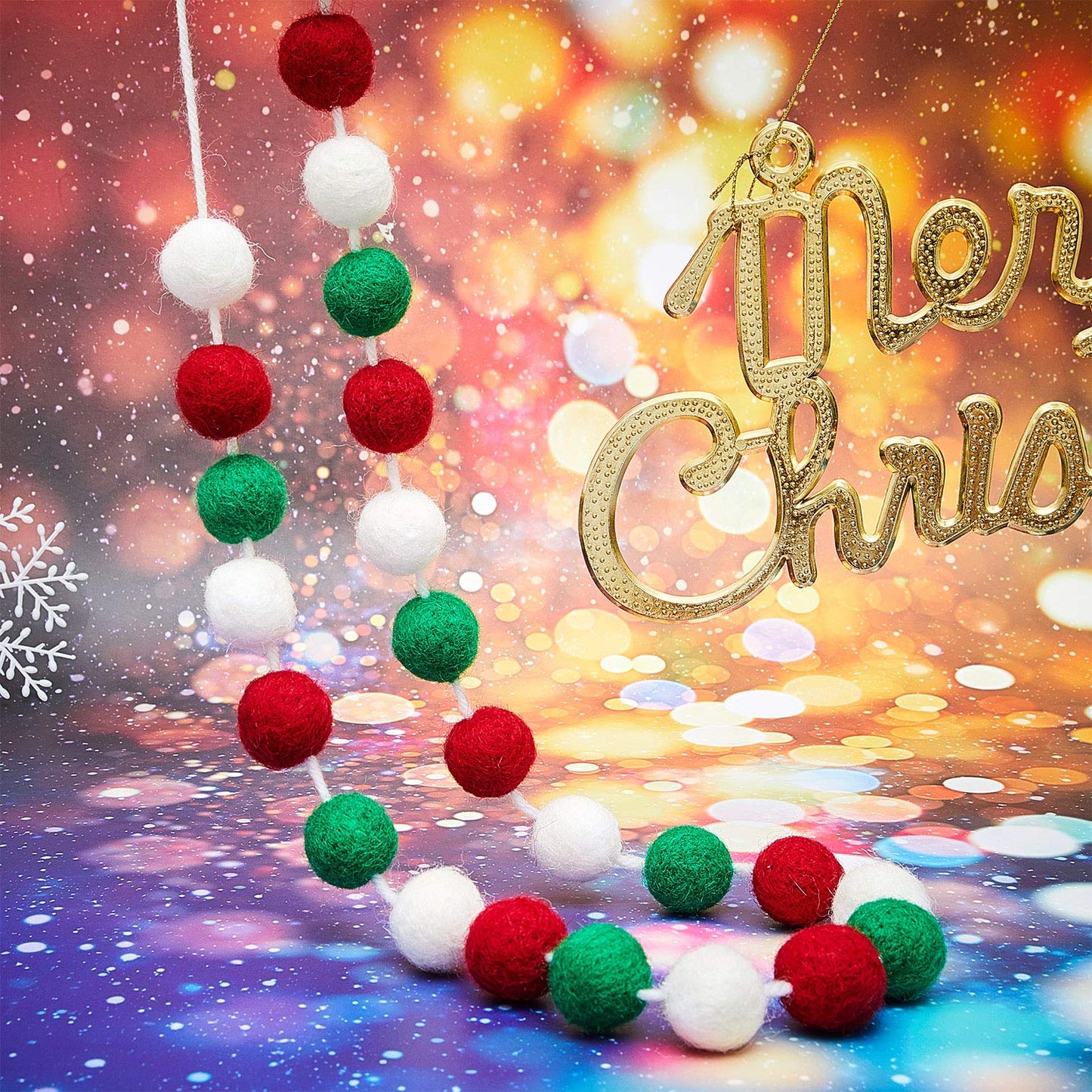WILLBOND 3 Pieces Wool Felt Rainbow Ball Garland Colorful Pom Pom 6.5 ft Long 24 Ball Garland for Easter Mardi Gras Classroom Halloween Thanksgiving Xmas (Red,White,Green)