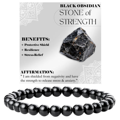 Black Obsidian - Strength - 6mm Beaded Bracelets for Women Handmade Semi Precious Natural Stone Stretch Elastic Jewelry Yoga Protection Gifts Small