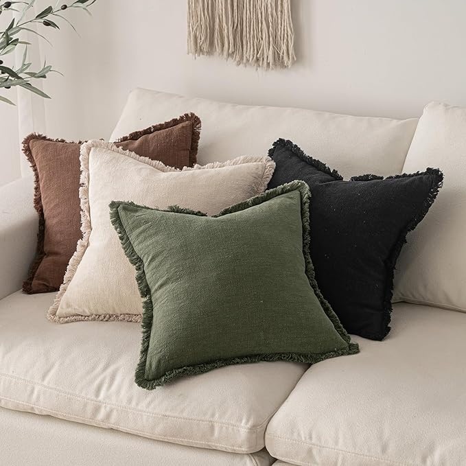 MIULEE Decorative Throw Pillow Covers Neutral Linen Fringe Throw Pillows Euro Shams Set of 2 Black Boho Farmhouse Cushion Covers for Couch Sofa Bed Living Room Spring Home Decor 26x26 Inch