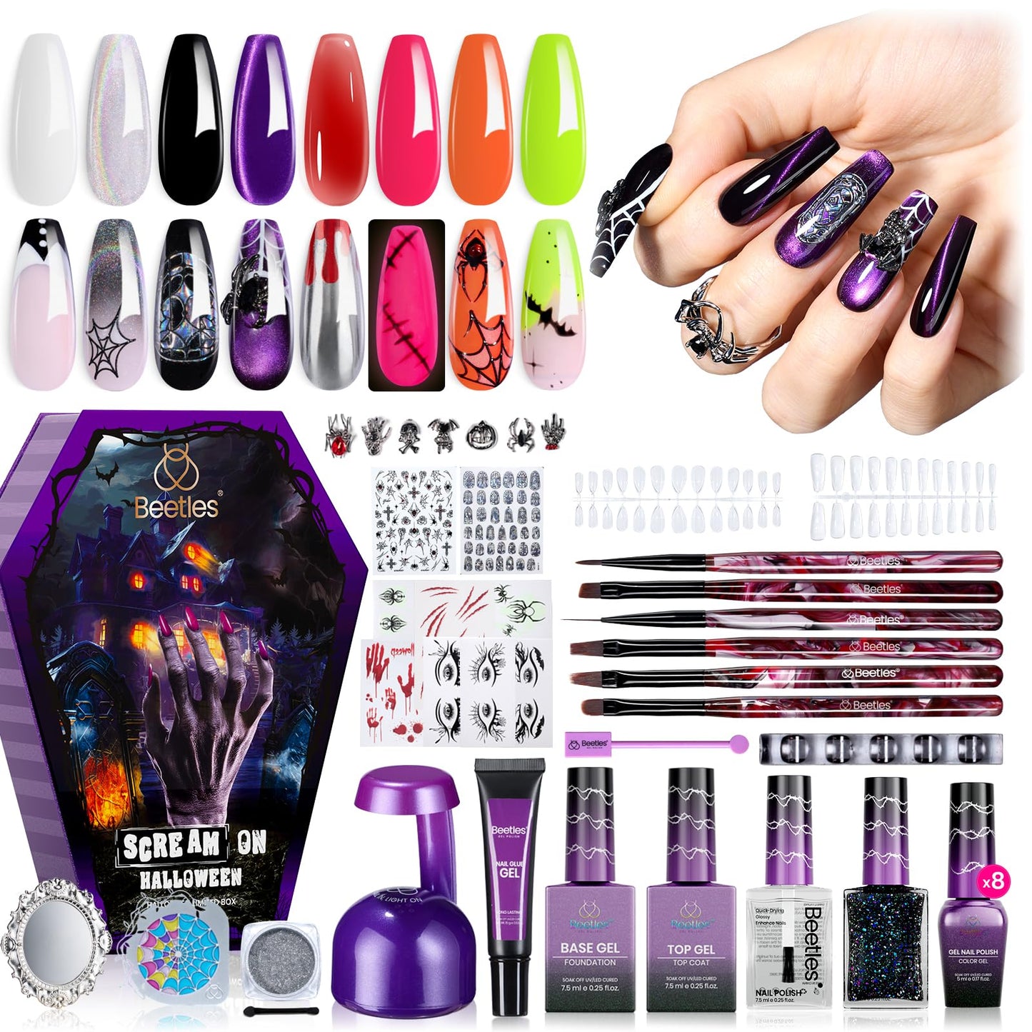 beetles Scream On Halloween Limited Box, Halloween Gel Polish Kit with UV Light, Black Orange Dark Purple Cat Eye Polish With Nail Tips Nail Sticker Manicure Kit Salon DIY Nail Art Gift Set