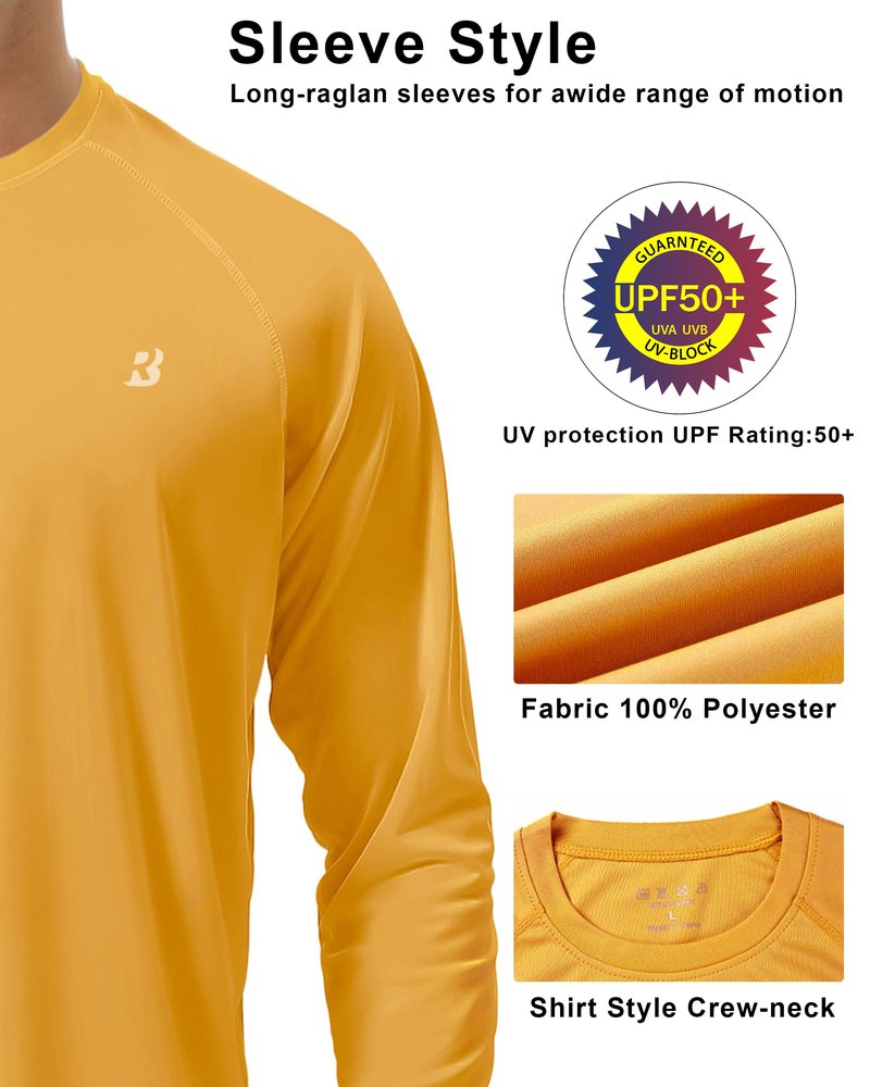 Roadbox Mens UPF 50+ Long Sleeve SPF Diving Rash Guard UV Sun Protection Shirts for Outdoor Fishing Hiking Swimming Running Golden Yellow