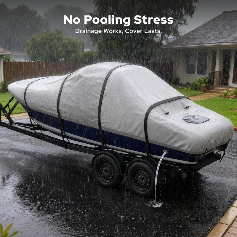 Fonzier Boat Cover 20-22ft, Heavy Duty 1400D Middle Reinforced Waterproof Polyester Canvas, Trailerable Boat Cover with Fast Drainage Kits Fit 20-22ft V-Hull/Tri-Hull/Runabout/Bass Boat, Gray