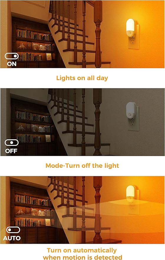 Amber Night Light, 2 Pack, LOHAS Amber Night Lights Plug into Wall Motion Sensor, 0.6W 2000K, LED Night Light, 30/60LM Adjustable Brightness, Automatic Low Blue Night Light for Kids, Bathroom, Hallway