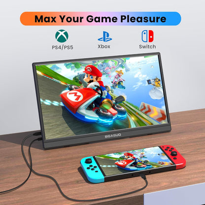 BIGASUO Portable Monitor for Laptop, 15.6'' FHD 1080P USB-C HDMI Travel Monitor, HDR IPS Ultra-Slim Portable Screen with Kickstand & Speakers, Extra Screen for Laptop PC MAC Phone PS4/5 Xbox Switch