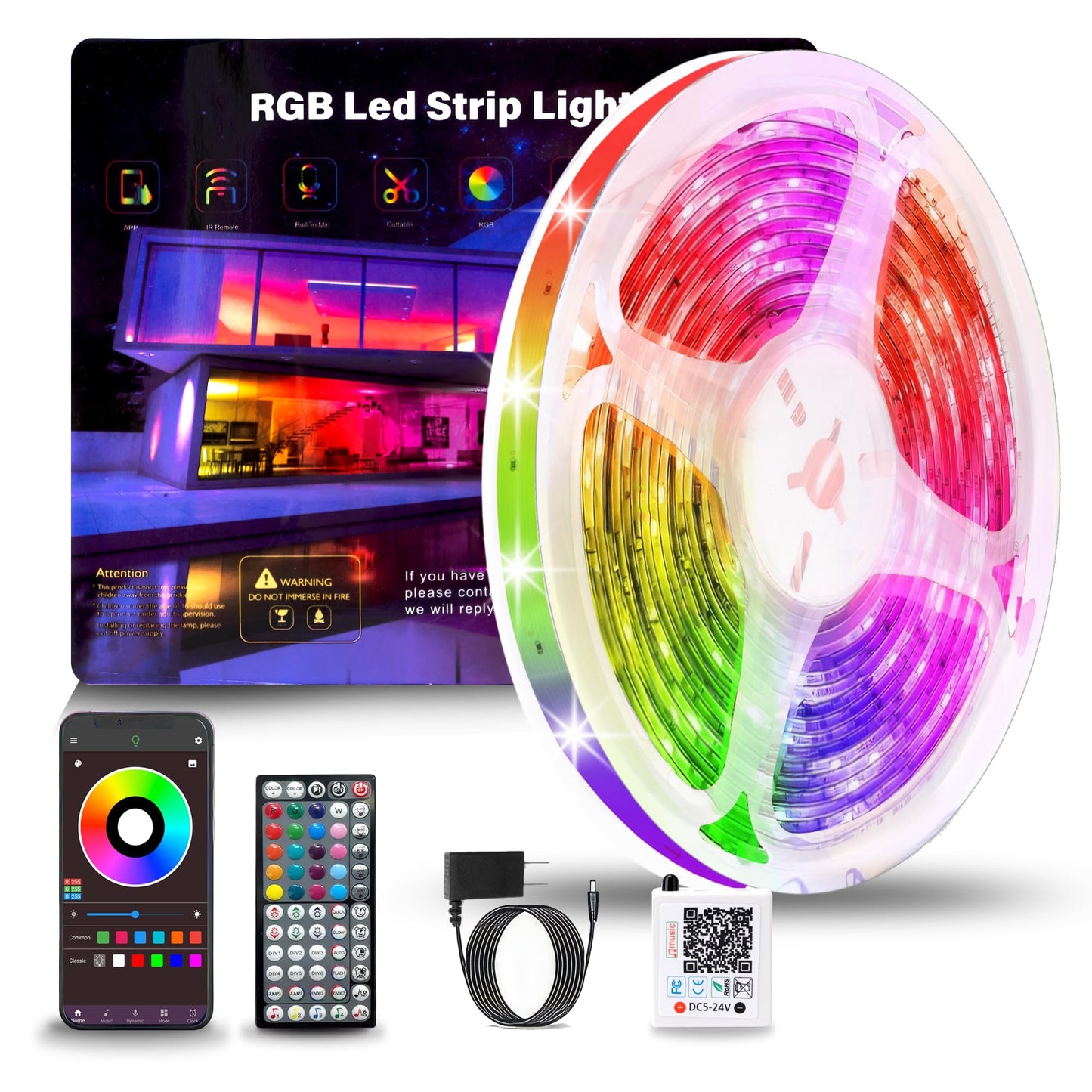 NBBUFF - Led Lights for Bedroom, 50ft (1 Roll), RGB Color Changing LED Strip Lights with 60 Key Remote and APP Control, Music Sync LED Lights for