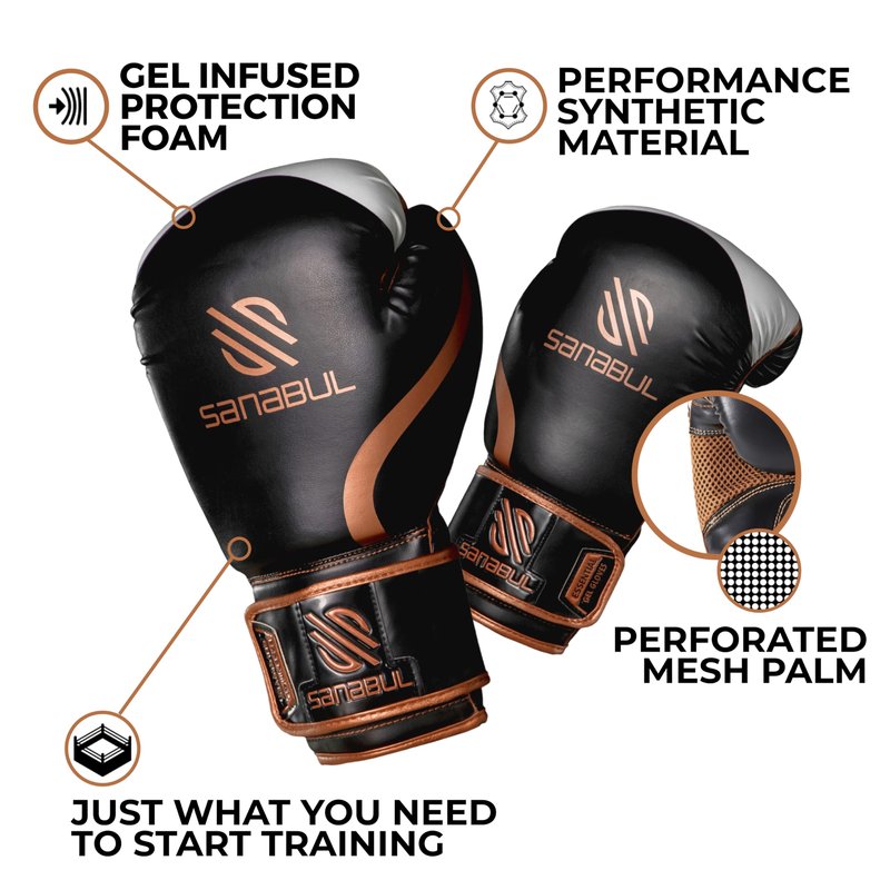 Sanabul Essential Gel Boxing Gloves for Men & Women, Kickboxing MMA, Muay Thai Gloves and Heavy Bag Training Punching & Sparring, Black/Copper 16 oz
