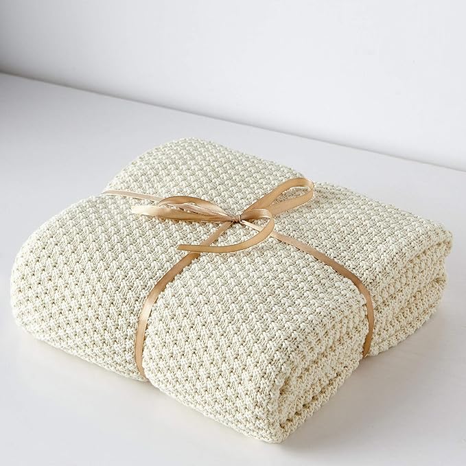 Longhui bedding Cream Knitted Cotton Throw Blanket for Couch, Soft, Cozy Machine Washable 100% Cotton Sofa Cable Knit Blankets, Heavy 4.0lb Weight, 60 x 80 Inches, Beige Color