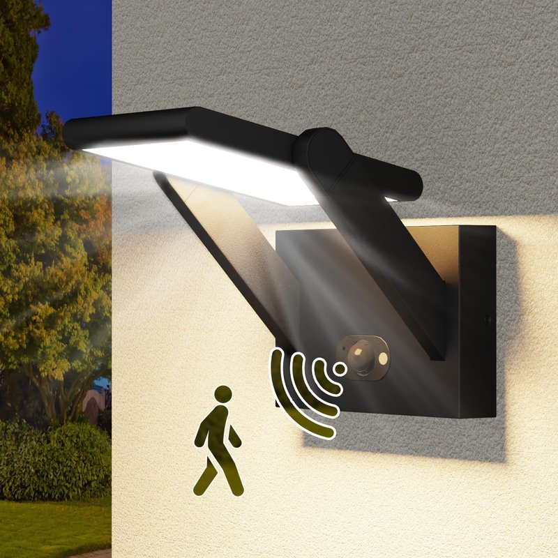 illumishin Solar Outdoor Motion Sensor Wall Light, LED Dimmable Modern Exterior Light Fixture, Rotatable with 3 Lighting Modes, Aluminum, IP65 Waterproof for Porch, Patio, Garden, Garage, Front