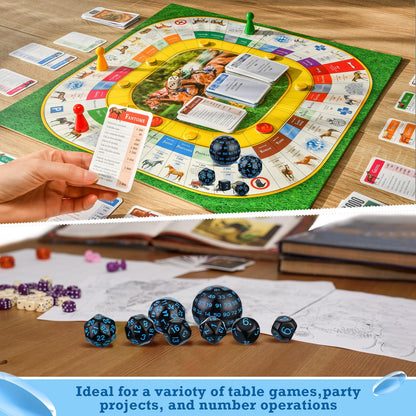 Civaner 15 Pcs Complete Polyhedral Dice Set D3-D100 Spherical RPG Dice Set in Opaque Black, 100 Sides for Role Playing Table Games Party Supplies(Black and Blue)