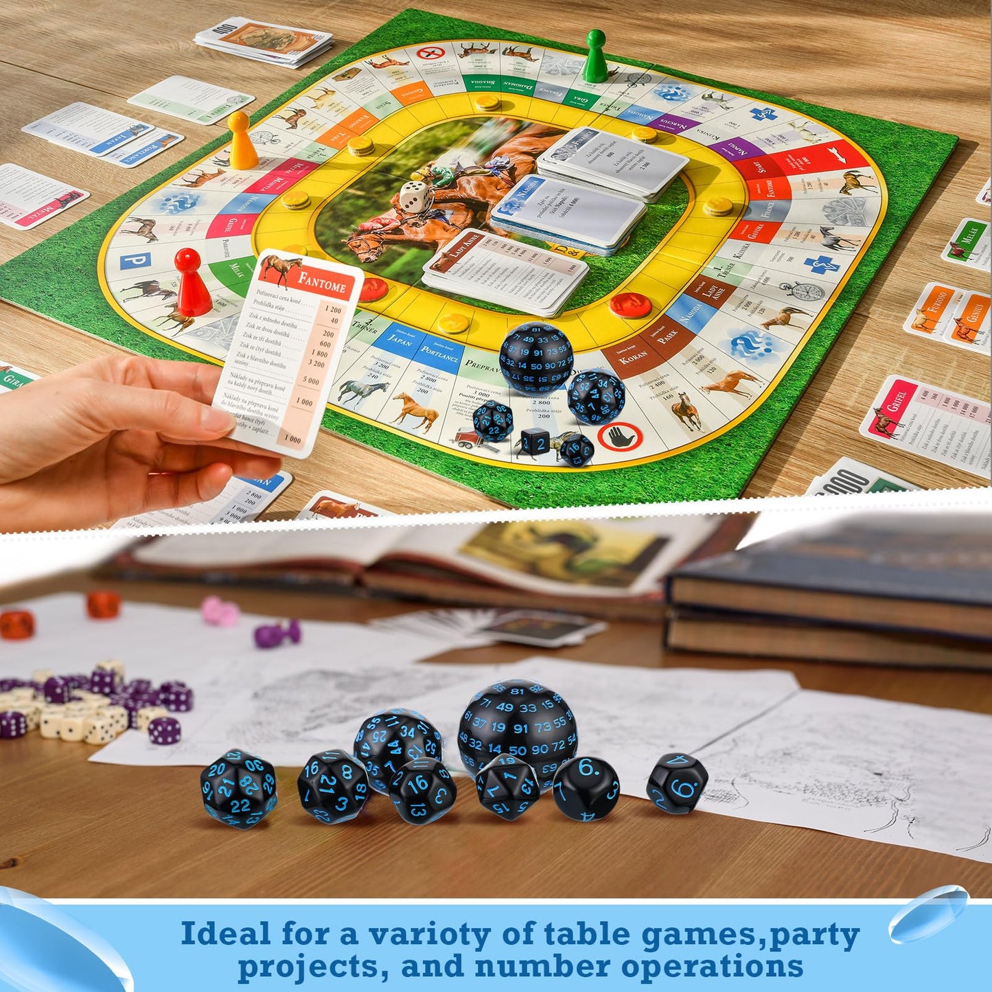 Civaner 15 Pcs Complete Polyhedral Dice Set D3-D100 Spherical RPG Dice Set in Opaque Black, 100 Sides for Role Playing Table Games Party Supplies(Black and Blue)