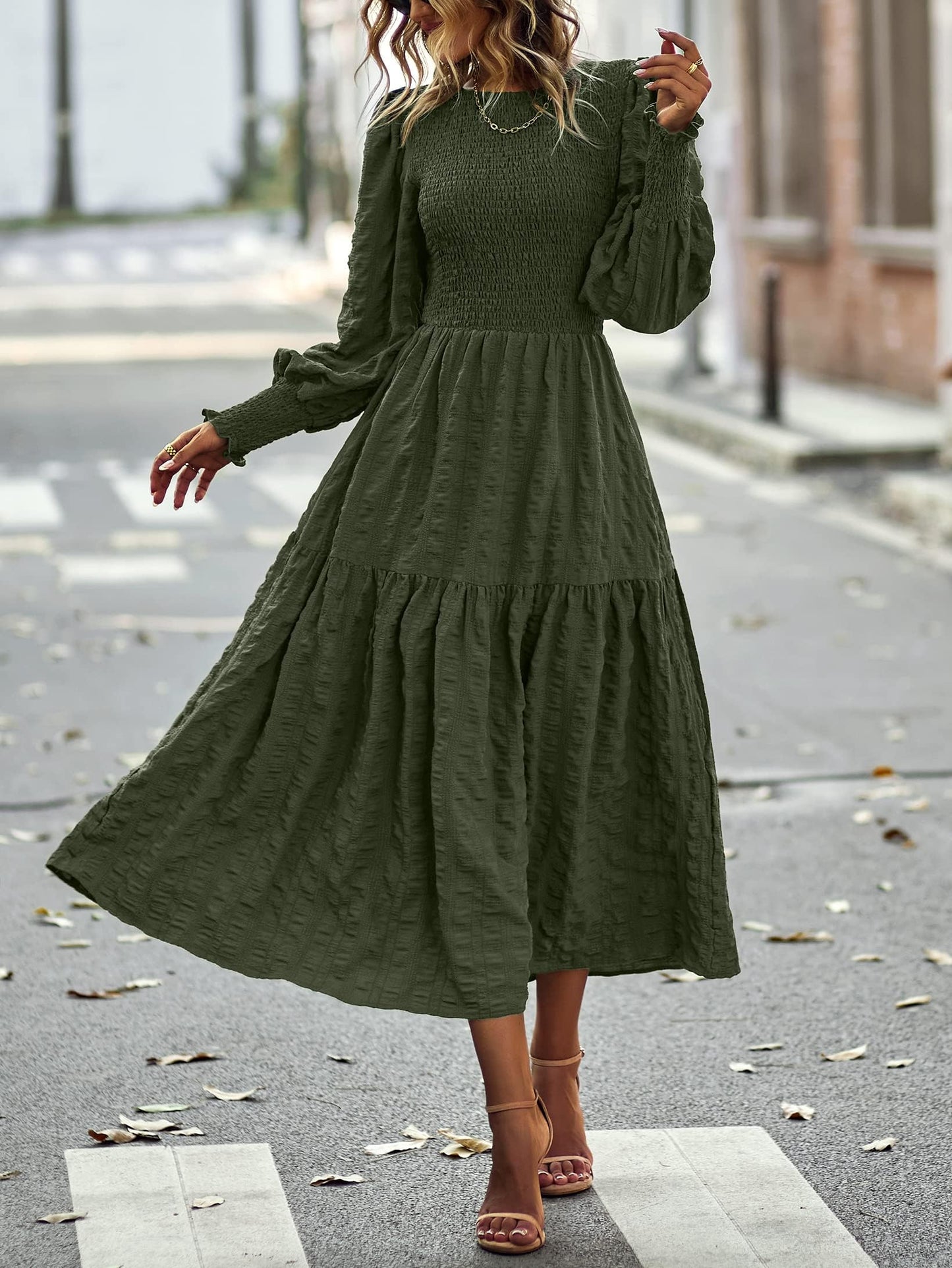 PRETTYGARDEN Women 2025 Spring Puff Long Sleeve Crewneck Smocked Maxi Dress Empire Waist Tiered A-line Swing Flowy Long Dress(Army Green,Small)